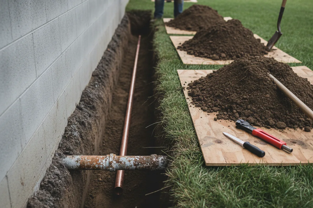 Excavated water line trench during Water Heater Repair in Galt